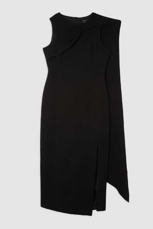 Compact Stretch Viscose Knot Drape Tailored Midi Dress Black Women Karen Millen Dresses