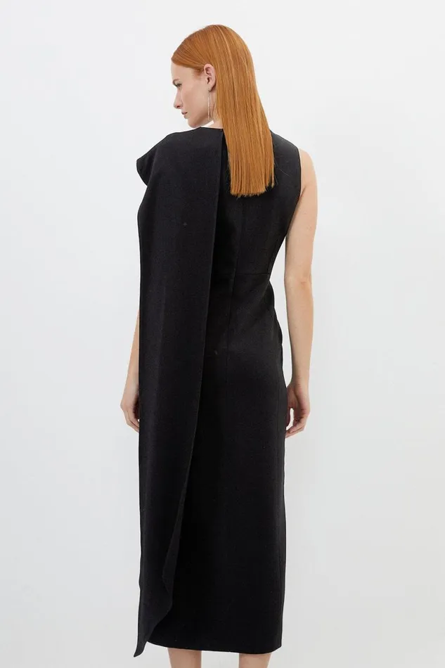 Compact Stretch Viscose Knot Drape Tailored Midi Dress Black Women Karen Millen Dresses