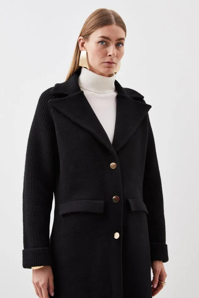 Compact Wool Blend Knit Sleeve Coat Black Women Karen Millen Coats and Jackets