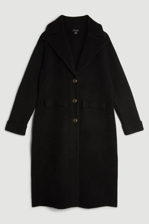 Compact Wool Blend Knit Sleeve Coat Black Women Karen Millen Coats and Jackets