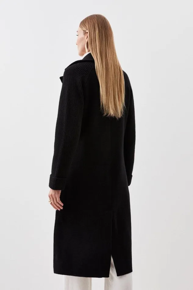 Compact Wool Blend Knit Sleeve Coat Black Women Karen Millen Coats and Jackets