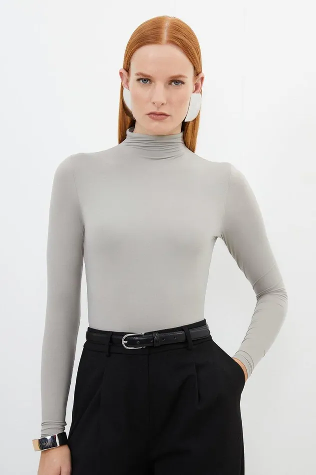 Contour Jersey High Neck Long Sleeve Bodysuit Taupe Women Karen Millen Tops