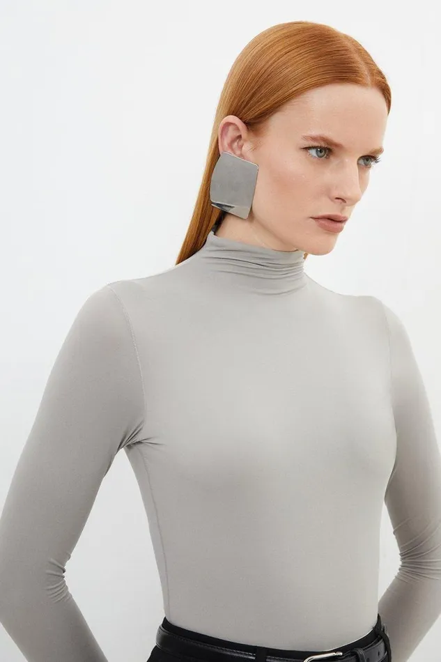 Contour Jersey High Neck Long Sleeve Bodysuit Taupe Women Karen Millen Tops