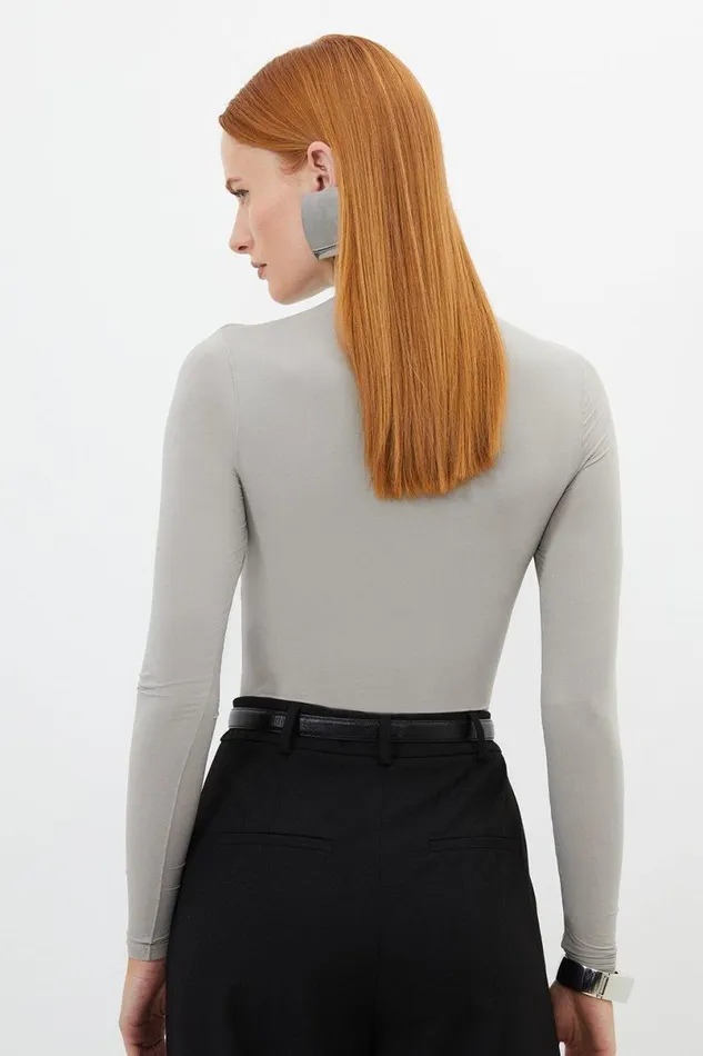 Contour Jersey High Neck Long Sleeve Bodysuit Taupe Women Karen Millen Tops