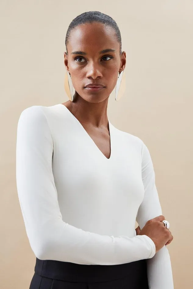 Contour Jersey Long Sleeve Plunge Bodysuit White Women Karen Millen Tops