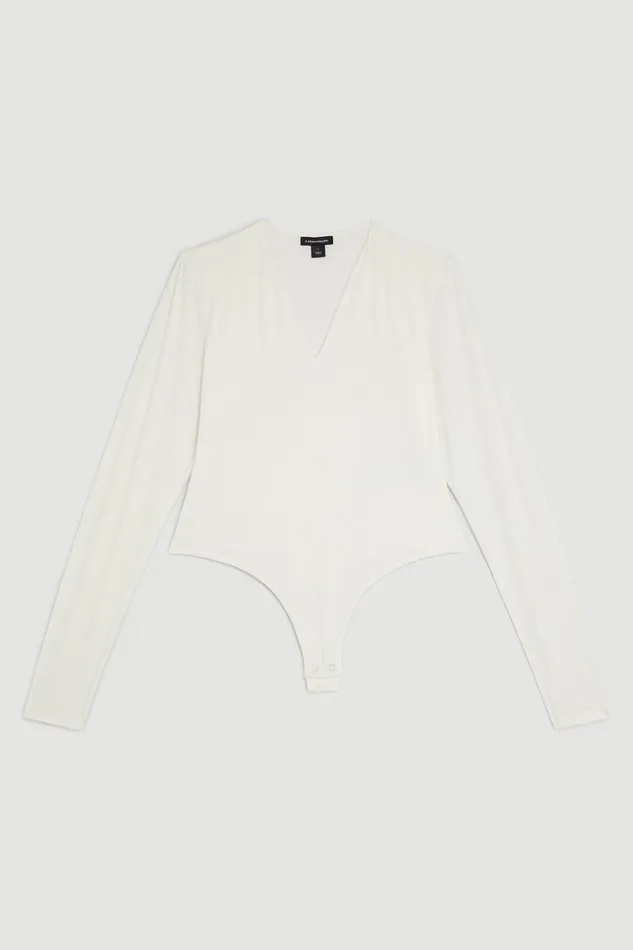 Contour Jersey Long Sleeve Plunge Bodysuit White Women Karen Millen Tops