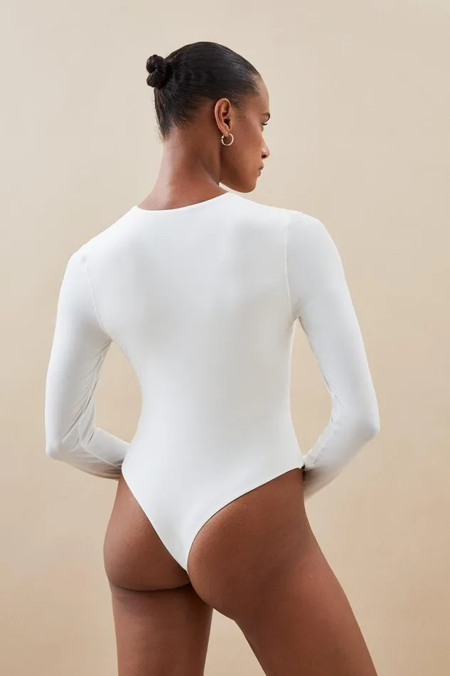 Contour Jersey Long Sleeve Plunge Bodysuit White Women Karen Millen Tops