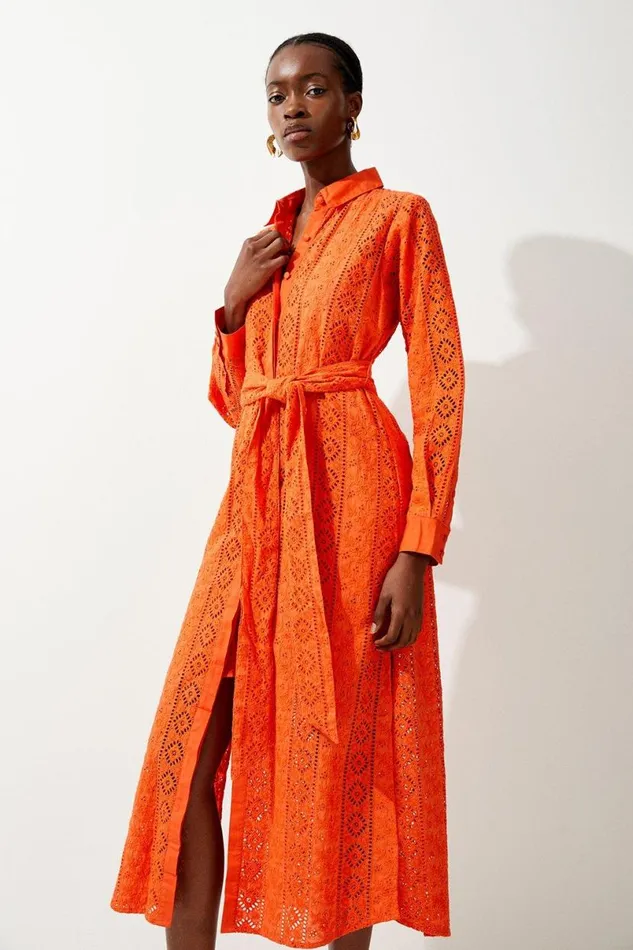 Cotton Broderie Belted Woven Midi Dress Red Women Karen Millen Dresses