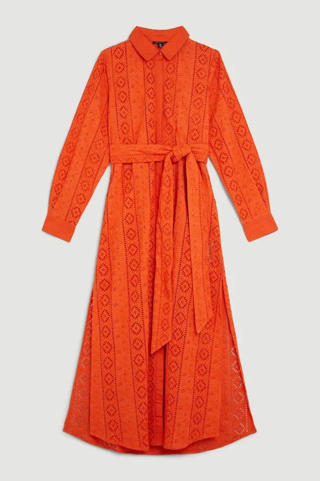 Cotton Broderie Belted Woven Midi Dress Red Women Karen Millen Dresses