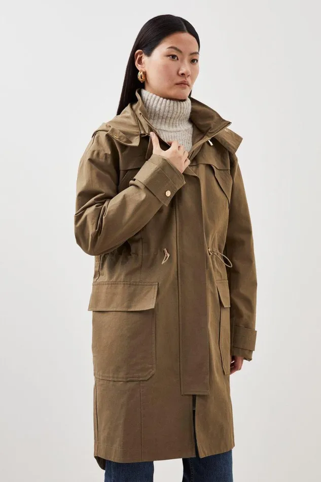 Cotton Longline Hooded Parka Coat Khaki Women Karen Millen Coats and Jackets