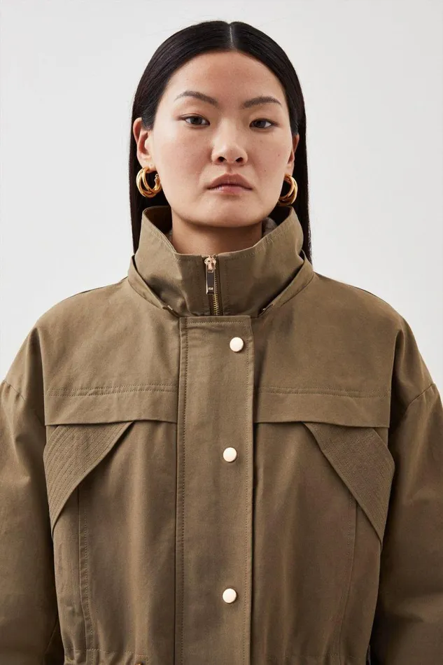 Cotton Longline Hooded Parka Coat Khaki Women Karen Millen Coats and Jackets