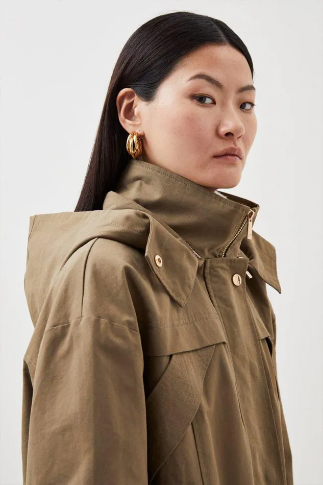 Cotton Longline Hooded Parka Coat Khaki Women Karen Millen Coats and Jackets
