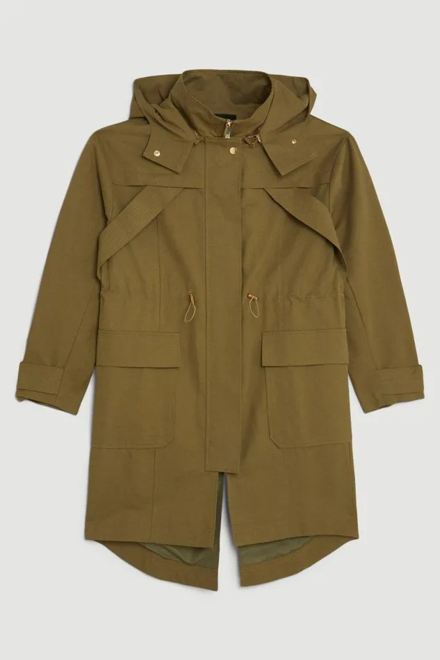 Cotton Longline Hooded Parka Coat Khaki Women Karen Millen Coats and Jackets