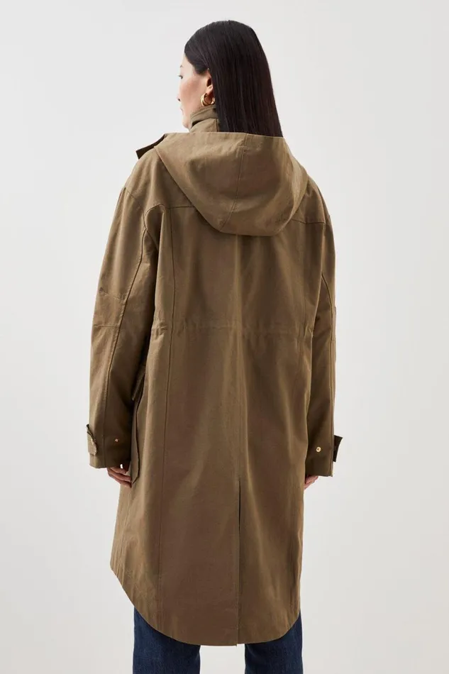 Cotton Longline Hooded Parka Coat Khaki Women Karen Millen Coats and Jackets