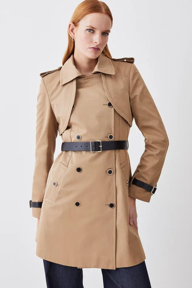 Cotton Short Belted Trench Coat Women Karen Millen Coats and Jackets