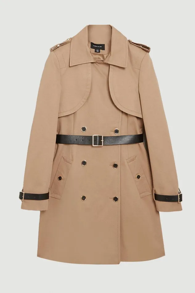 Cotton Short Belted Trench Coat Women Karen Millen Coats and Jackets
