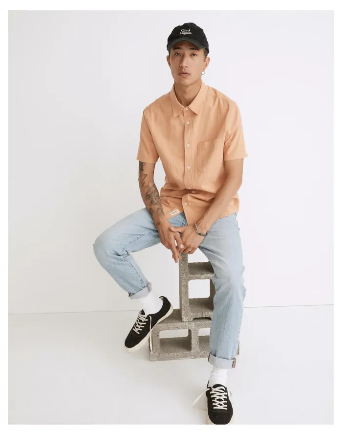 Crinkle Cotton Perfect Short Sleeve Shirt Dried Peach Men Madewell Shirts