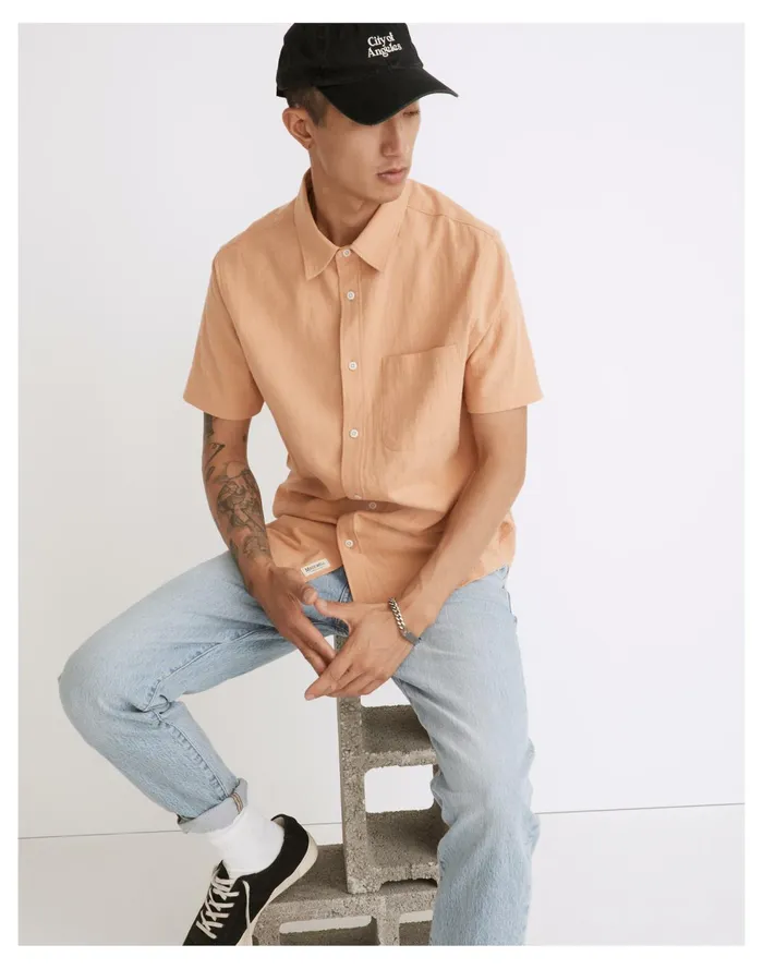 Crinkle Cotton Perfect Short Sleeve Shirt Dried Peach Men Madewell Shirts Crinkle Cotton Perfect Short Sleeve Shirt Dried Peach Men Madewell Shirts