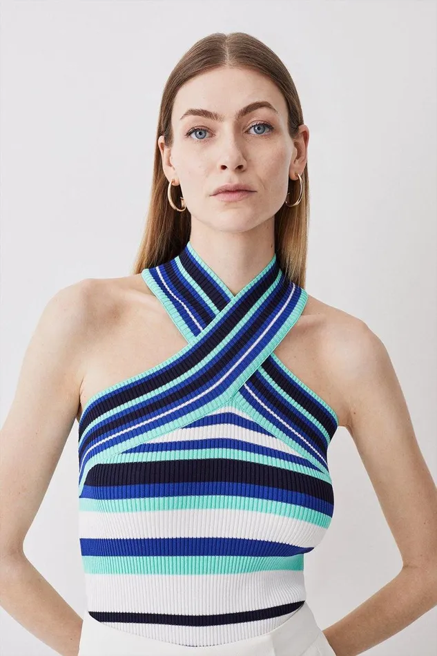 Cross Front Sleeveless Striped Rib Knit Top Green Women Karen Millen Tops
