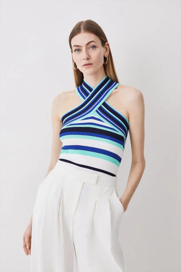 Cross Front Sleeveless Striped Rib Knit Top Green Women Karen Millen Tops