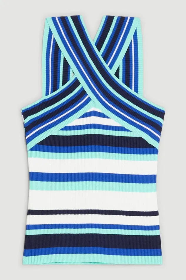 Cross Front Sleeveless Striped Rib Knit Top Green Women Karen Millen Tops