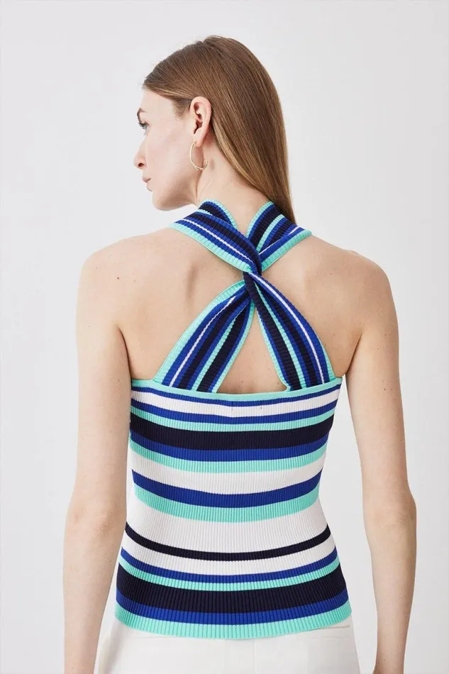 Cross Front Sleeveless Striped Rib Knit Top Green Women Karen Millen Tops