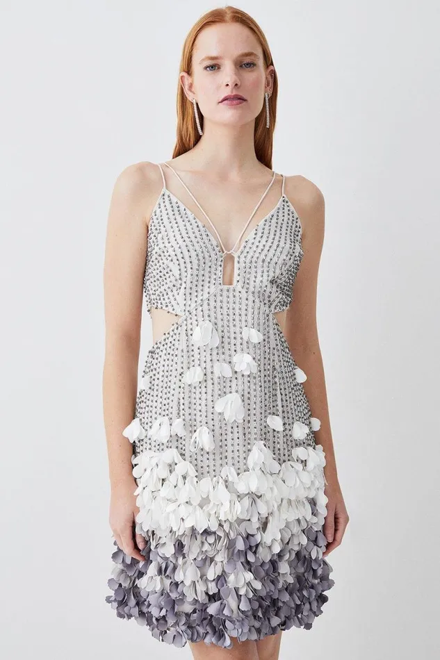 Crystal Applique Deep V Woven Mini Dress Gun Metal Women Karen Millen Dresses