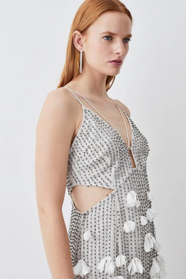 Crystal Applique Deep V Woven Mini Dress Gun Metal Women Karen Millen Dresses