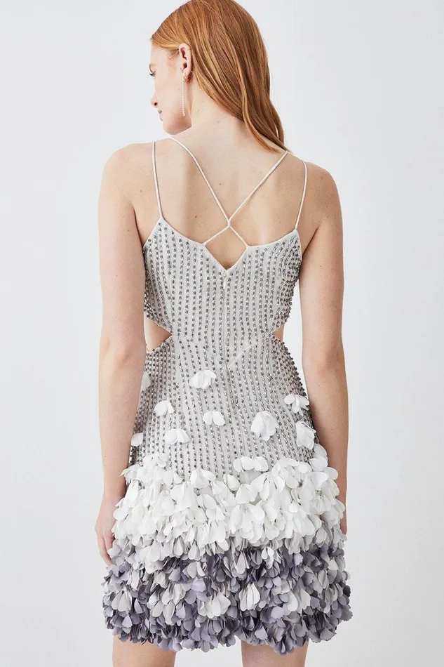 Crystal Applique Deep V Woven Mini Dress Gun Metal Women Karen Millen Dresses