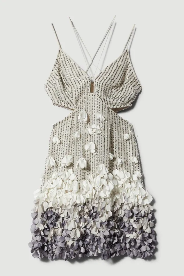 Crystal Applique Deep V Woven Mini Dress Gun Metal Women Karen Millen Dresses