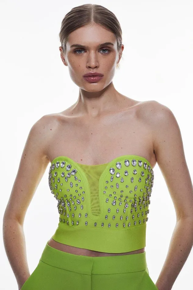 Crystal Embellished Corset Top Lime Women Karen Millen Tops