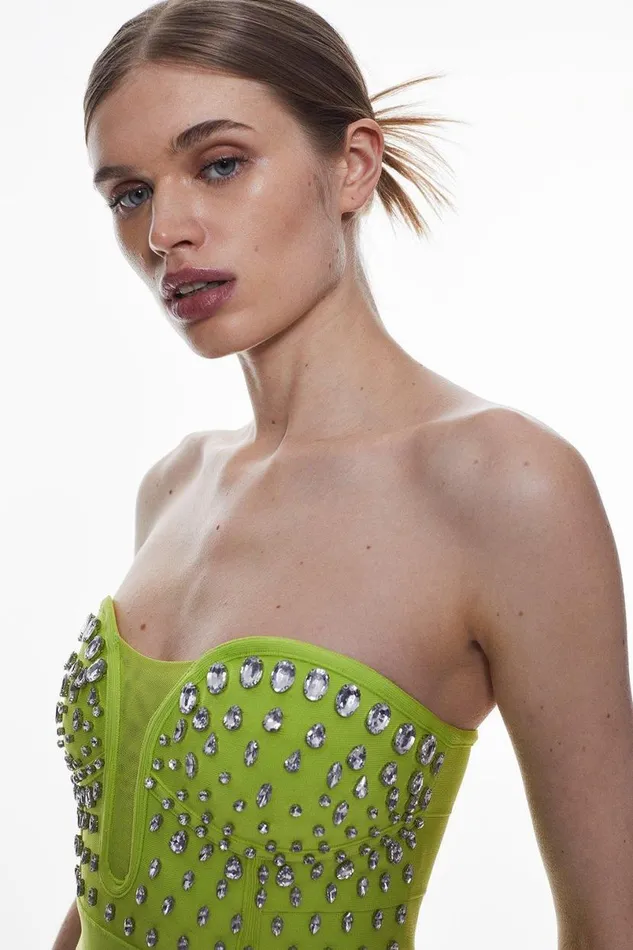 Crystal Embellished Corset Top Lime Women Karen Millen Tops