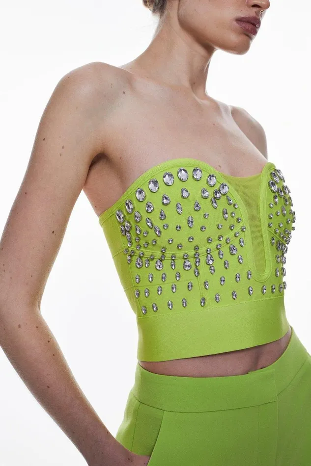 Crystal Embellished Corset Top Lime Women Karen Millen Tops