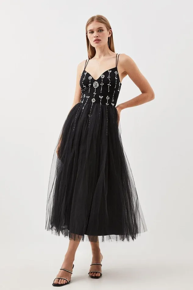 Crystal Embellished Tulle Midi Dress Black Women Karen Millen Dresses
