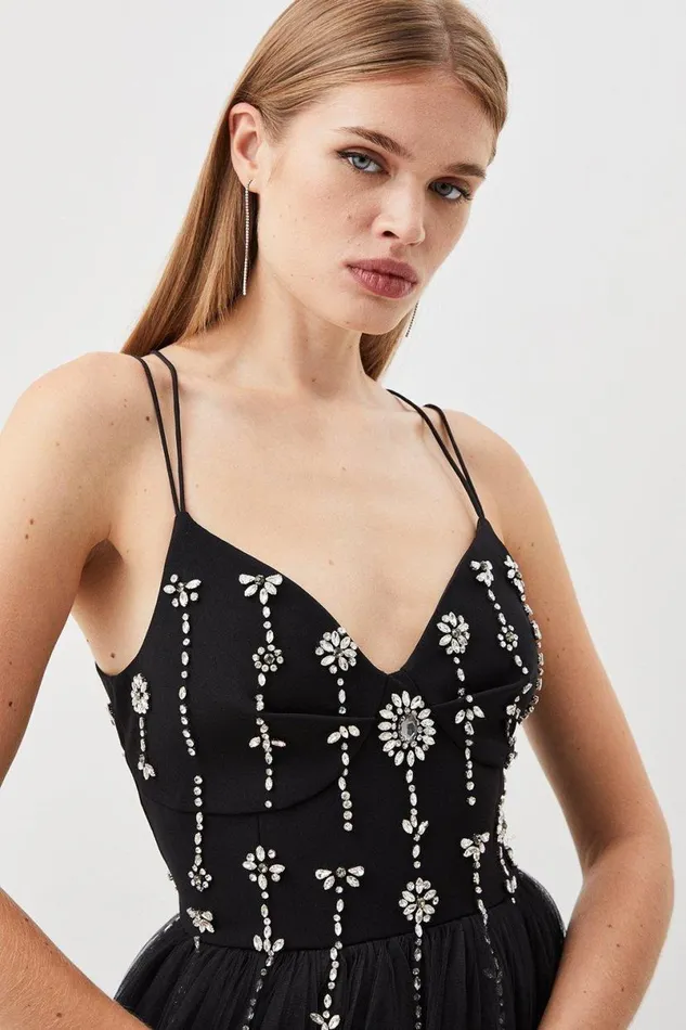 Crystal Embellished Tulle Midi Dress Black Women Karen Millen Dresses