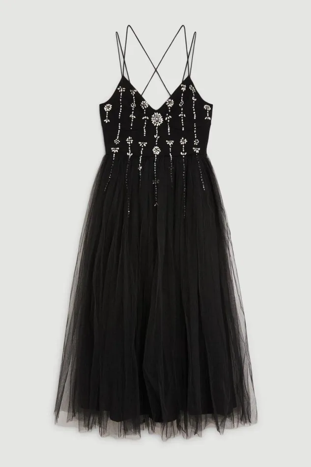 Crystal Embellished Tulle Midi Dress Black Women Karen Millen Dresses