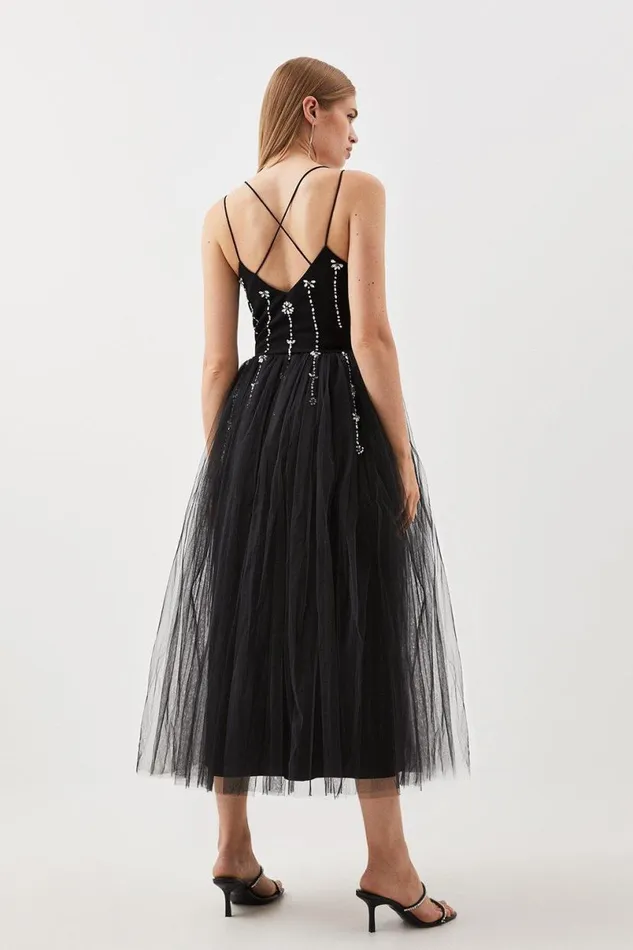 Crystal Embellished Tulle Midi Dress Black Women Karen Millen Dresses