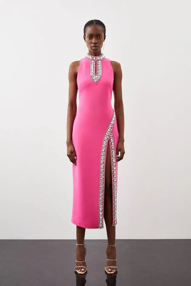 Crystal Embellished Woven Thigh Split Midi Dress Pink Women Karen Millen Dresses