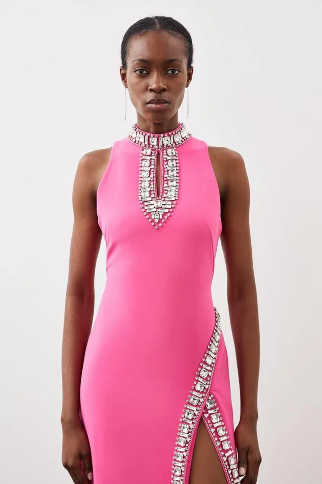 Crystal Embellished Woven Thigh Split Midi Dress Pink Women Karen Millen Dresses