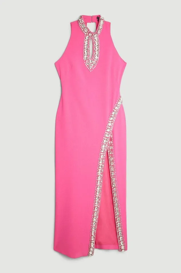 Crystal Embellished Woven Thigh Split Midi Dress Pink Women Karen Millen Dresses