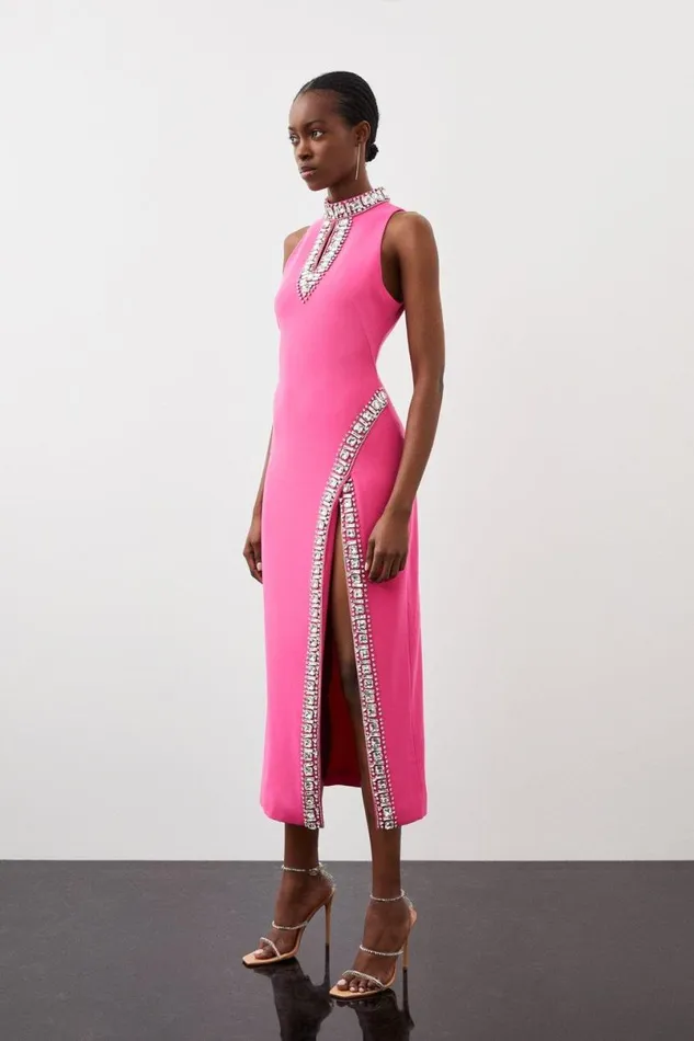 Crystal Embellished Woven Thigh Split Midi Dress Pink Women Karen Millen Dresses