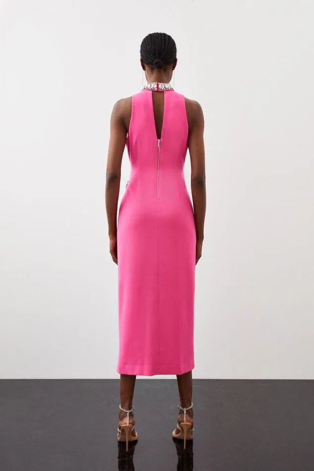 Crystal Embellished Woven Thigh Split Midi Dress Pink Women Karen Millen Dresses