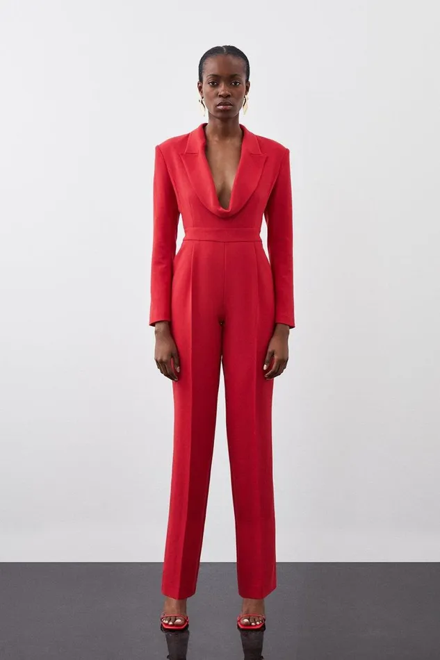 Curved Neckline Tailored Blazer Jumpsuit Red Women Karen Millen Coats and Jackets