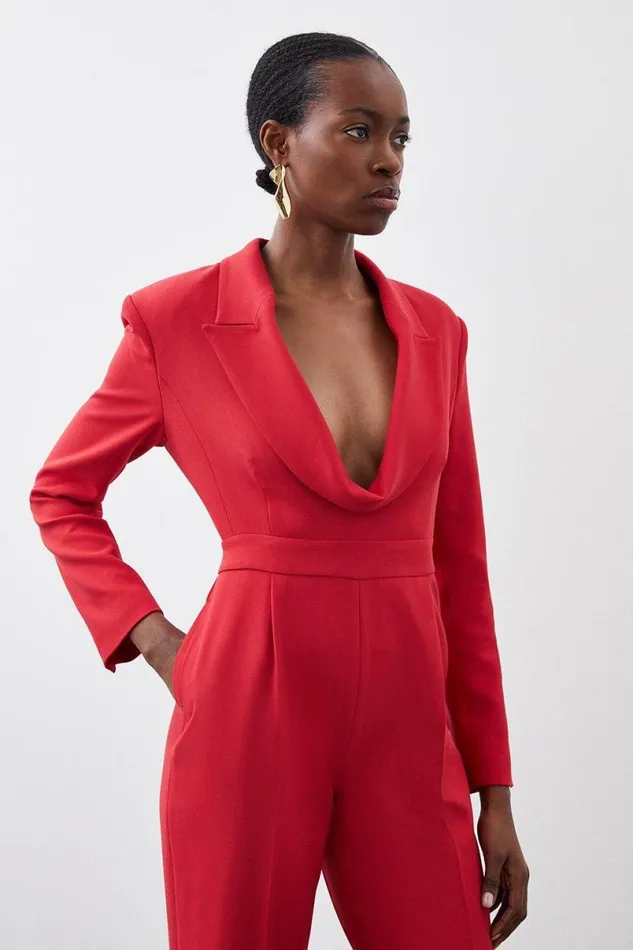 Curved Neckline Tailored Blazer Jumpsuit Red Women Karen Millen Coats and Jackets