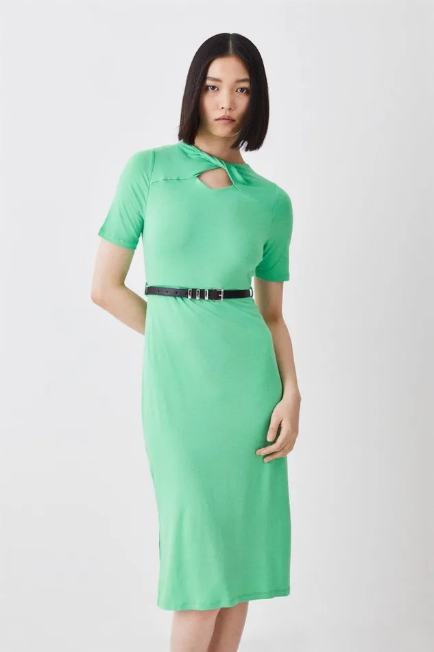 Cut Out Belted Viscose Blend Jersey Midi Dress Green Women Karen Millen Dresses