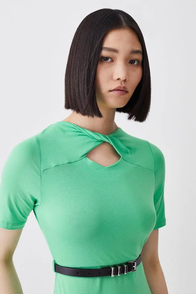 Cut Out Belted Viscose Blend Jersey Midi Dress Green Women Karen Millen Dresses