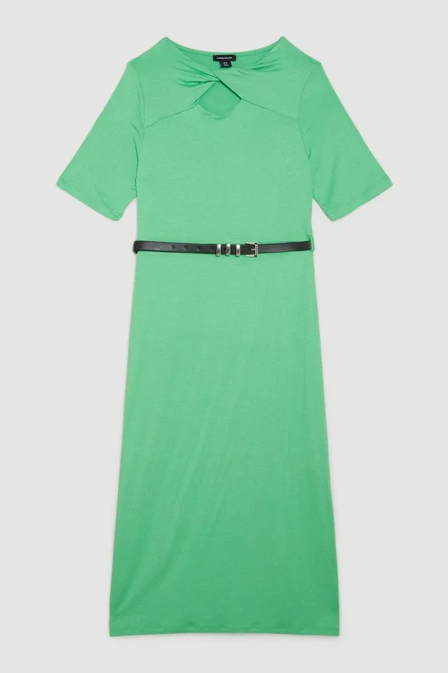 Cut Out Belted Viscose Blend Jersey Midi Dress Green Women Karen Millen Dresses
