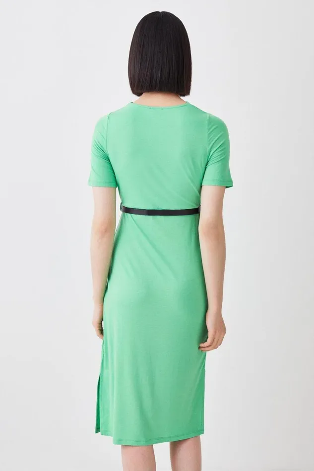 Cut Out Belted Viscose Blend Jersey Midi Dress Green Women Karen Millen Dresses