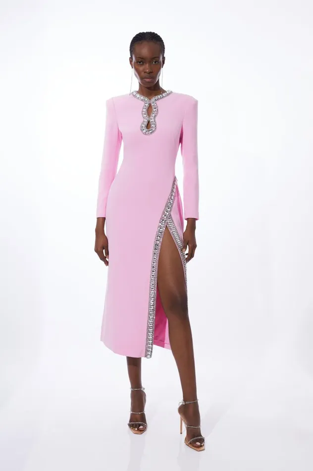 Cut Out Crystal Embellished Woven Maxi Dress Pink Women Karen Millen Dresses