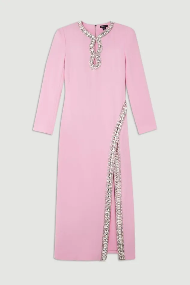 Cut Out Crystal Embellished Woven Maxi Dress Pink Women Karen Millen Dresses